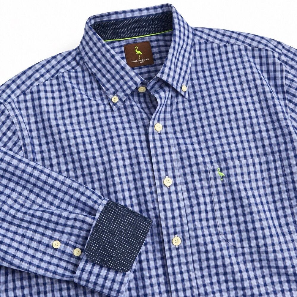 TailorByrd Blue Plaid Flip Cuff Shirt 2XLT Long Sleeve Cotton Big Tall Men's